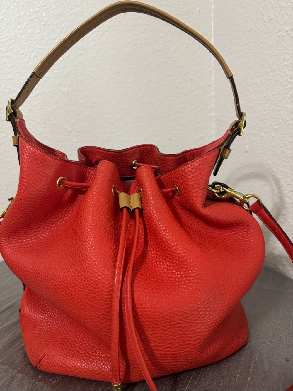 Coach Red Pebbled Leather Drawstring Shoulder Bag with Tan Handle